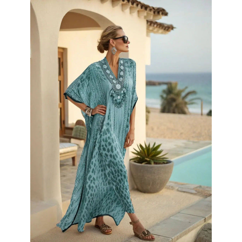 Boho Abstract Print V-Neck Batwing Maxi Kaftan Beach Cover-Up
