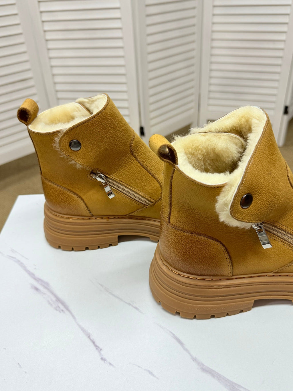 UGG Chestnut Shearling-Collar Leather Boots