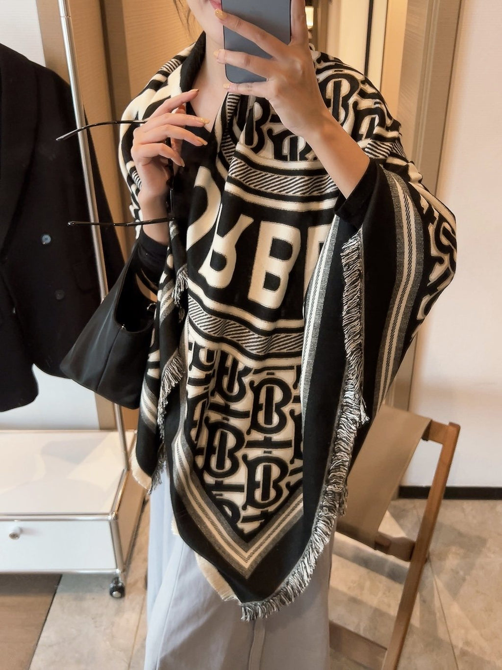 Burberry Black & Ivory Logo Square Scarf